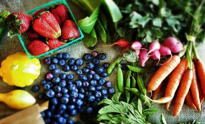 Fresh fruits and vegetables from a farmer's market.